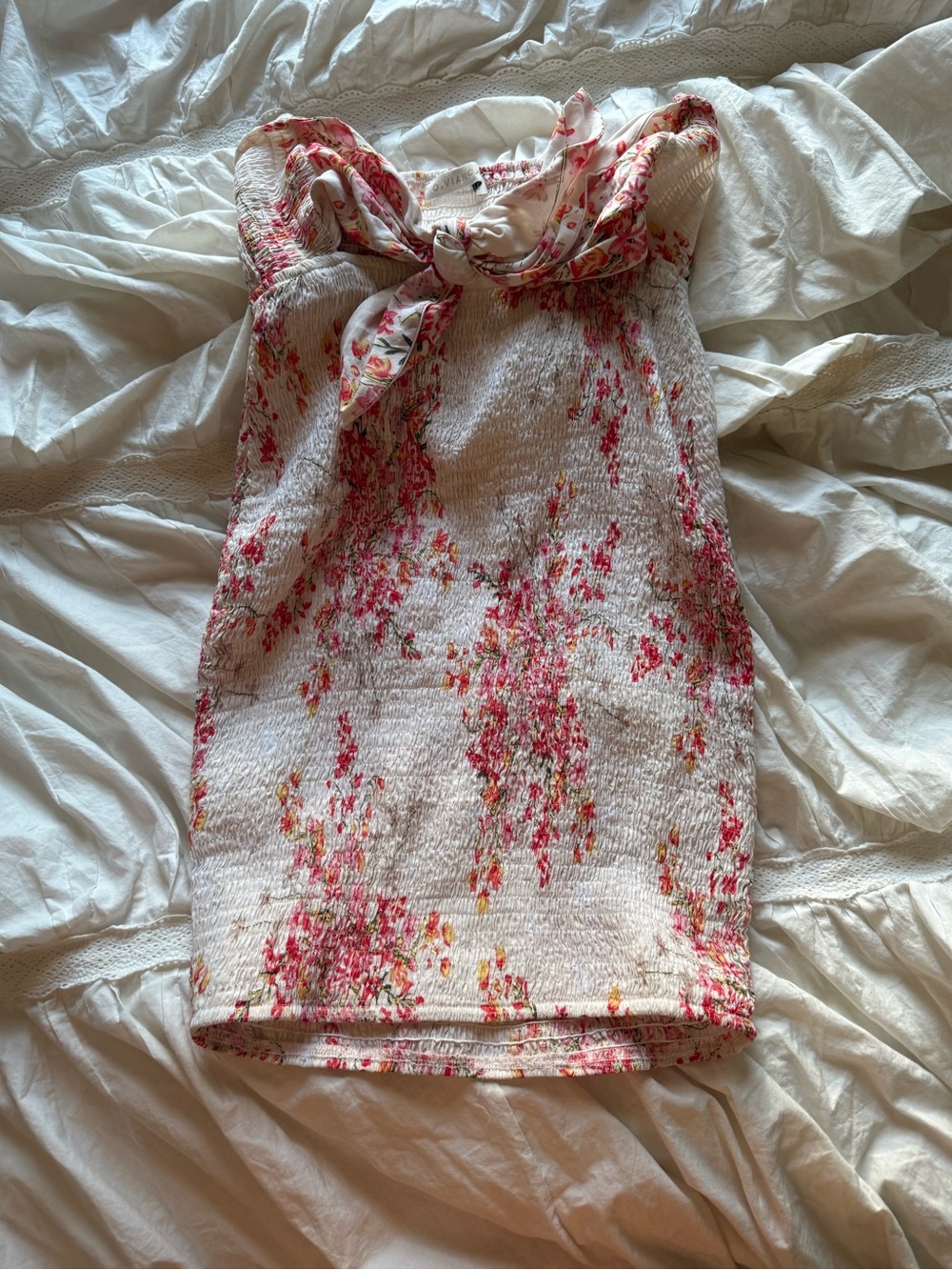 Urban Outfitters Floral Tube Dress with Tie Detail - White & Pink